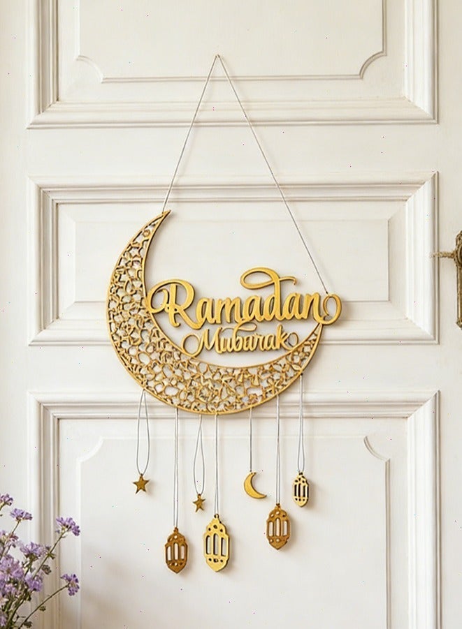 يواوليتي زينة رمضان، زينة رمضان المعلقة، قمر ذهبي خشبي وحرف يدوية، هدية رمضان مثالية لتزيين غرفة المعيشة - Image 3